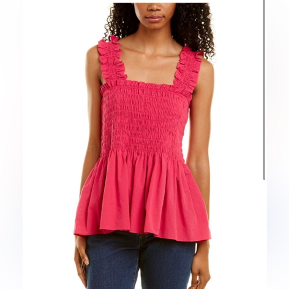 LEA & VIOLA Smocked Tank In Pink Sz XS 100 cotton Peplum hem